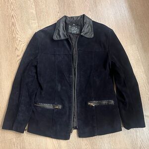 Vintage Dark Navy Blue Suede Jacket with Black Leather Accents